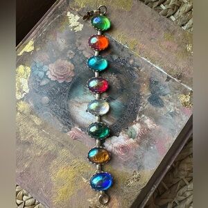 VINTAGE Fire Glass Bracelet Iridescent Dragon’s Breath Cabochons Goldtone 7"!!